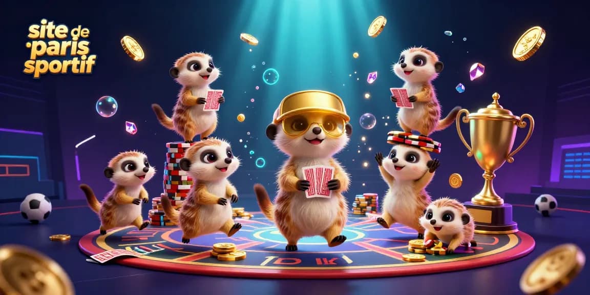 Revivez l'excitation du site de paris sportif avec des suricates gérant des paris autour de matériaux colorés.