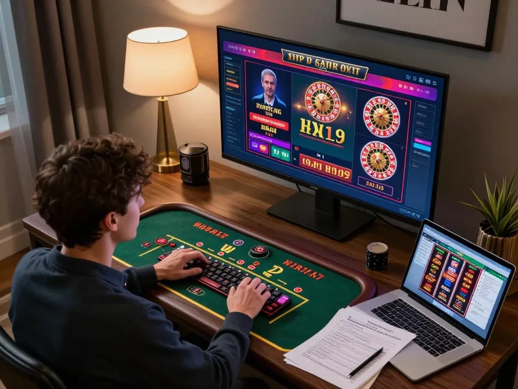 Person strategizing on casino europei online with multiple screens showcasing gaming action, modern setup and ambient lighting.