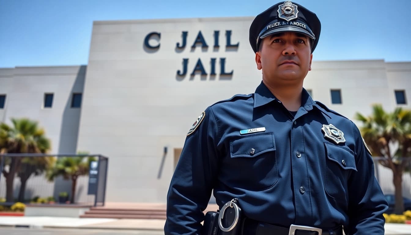 Officer standing confidently in front of OC Jail, emphasizing law enforcement presence.