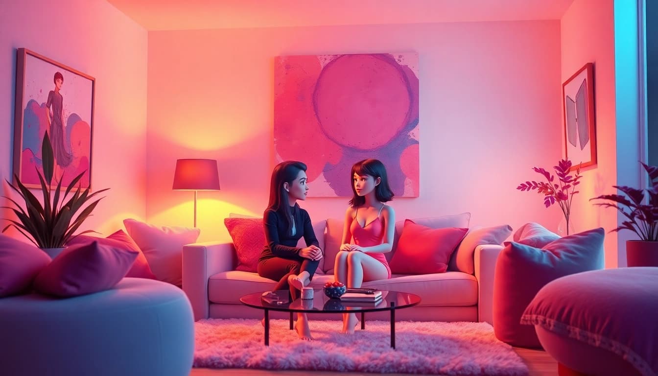 Engaging AI characters in a cozy chat environment illustrating sex chat ai interaction.