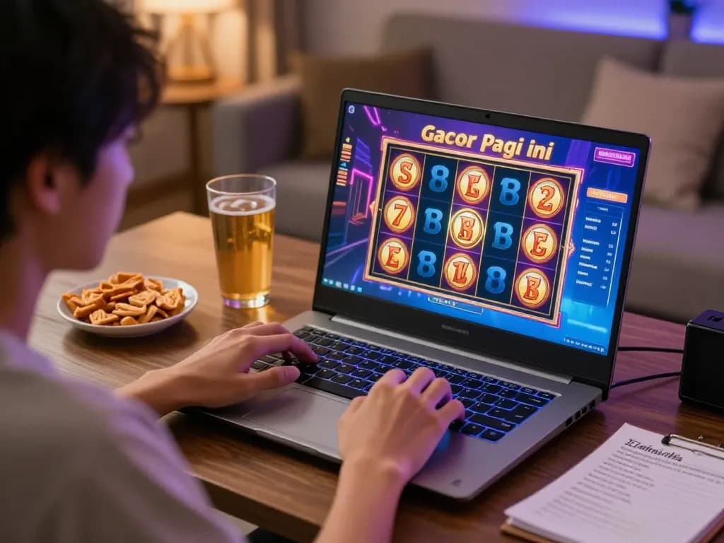 Engaging in slot gacor pagi ini gameplay with vibrant online interface during a cozy home session.
