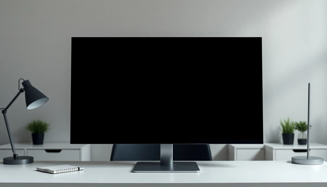 A high-resolution black screen image displayed on a sleek monitor, perfect for focus and reducing distractions in professional settings.