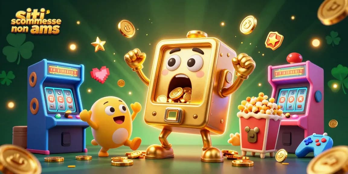 I migliori siti scommesse non AAMS illustrati in un'illustrazione 3D vivace con macchine da gioco e giochi arcade.