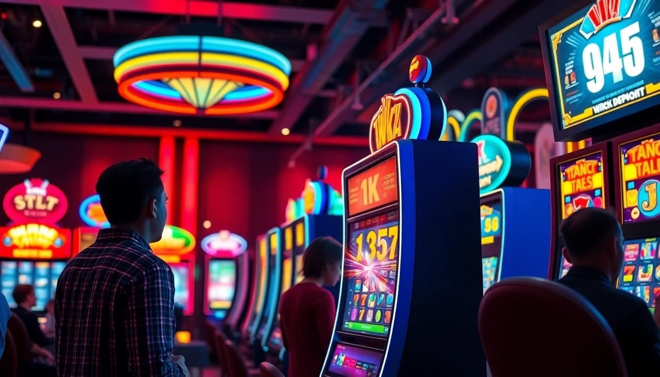 Menangkan permainan slot depo 1k dengan suasana kasino yang energik dan mesin slot yang menarik.