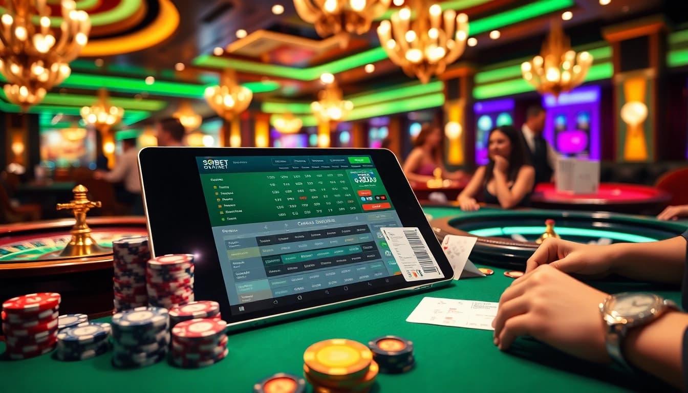 Experience sbobet online betting amid an exciting casino atmosphere with vibrant gaming elements.