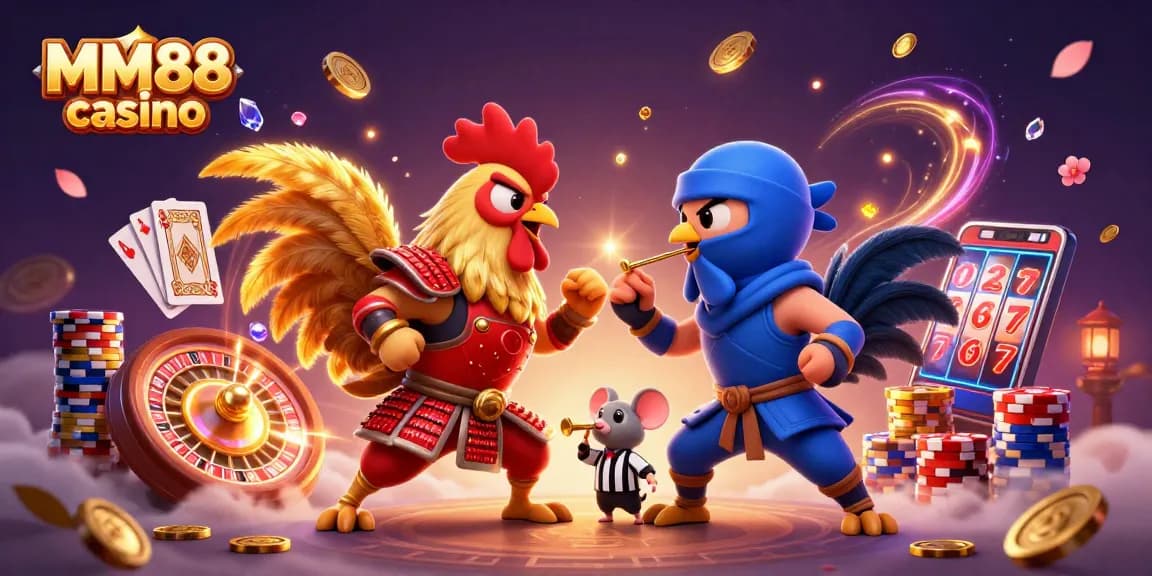 Play thrilling MM88 casino with vibrant roosters, golden coins, and dynamic game elements