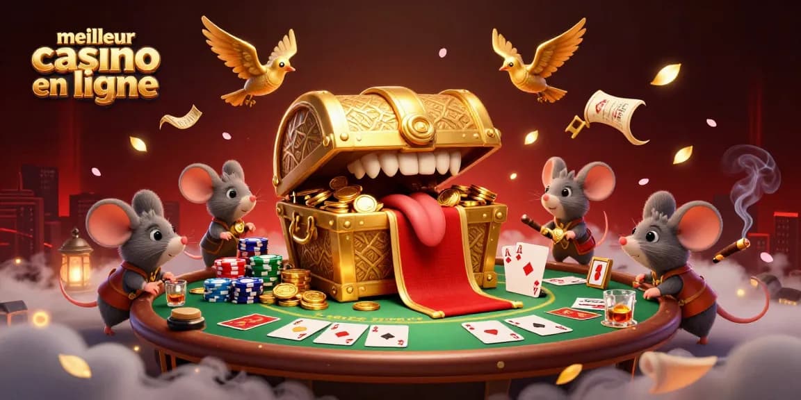 Célébrez votre chance au meilleur casino en ligne avec une illustration captivante de riches trésors et de jeux de poker