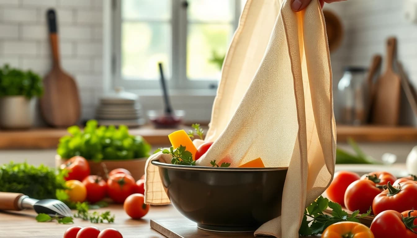 Kaasdoek gebruikt om verse ingrediënten te strainen in een professionele keuken.