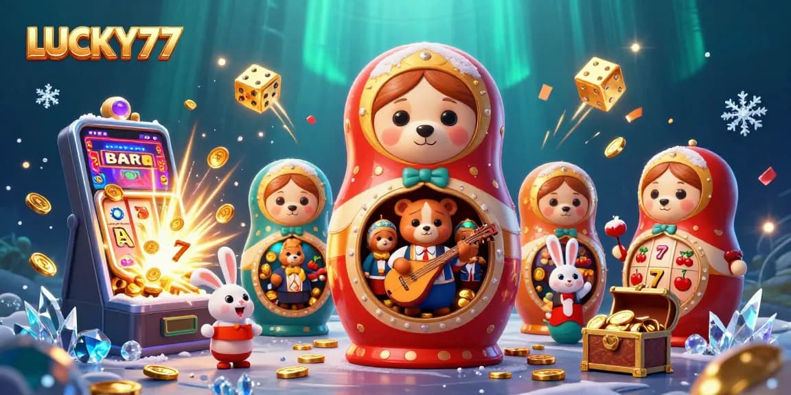 Spin and win with LUCKY77 as a Matryoshka bear leads a vibrant casino celebration.