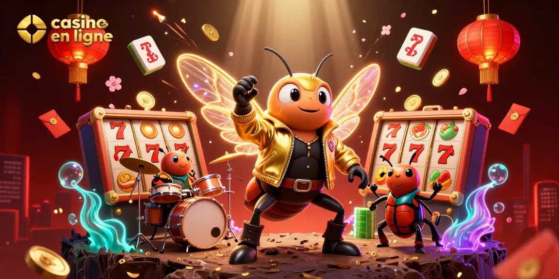 Jouez à casino en ligne avec des symboles de machine à sous et une ambiance festive.