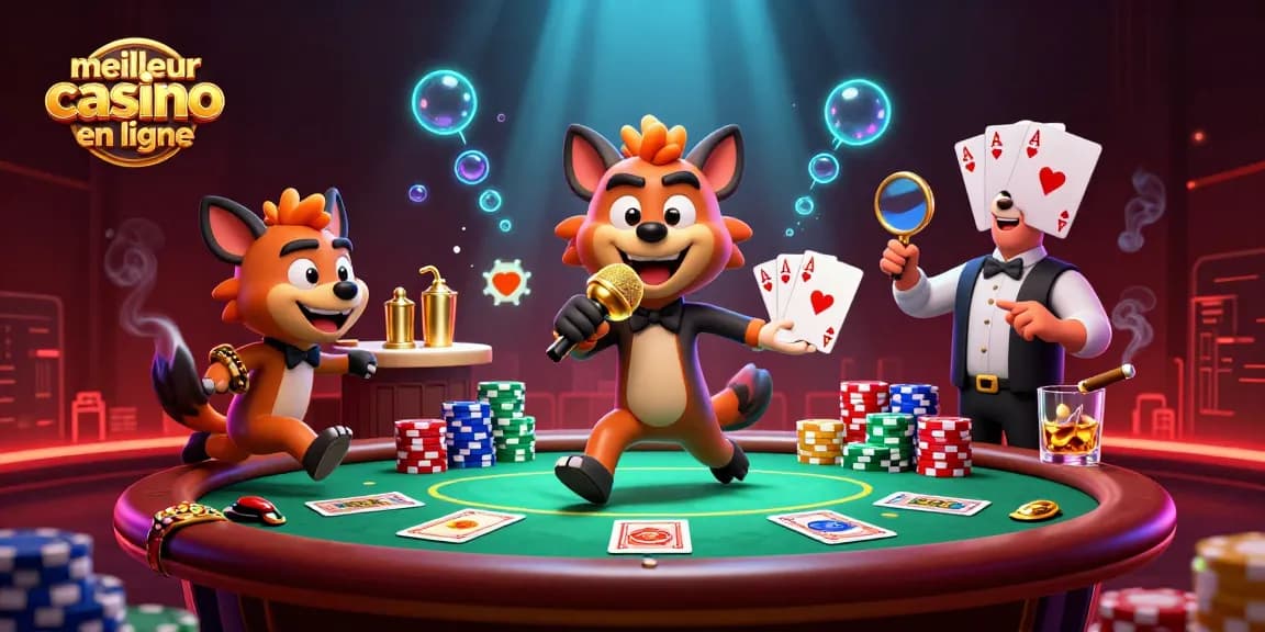 Illustration amusante mettant en scène le meilleur casino en ligne avec des hyènes, offrant des jeux de poker et des cocktails raffinés.