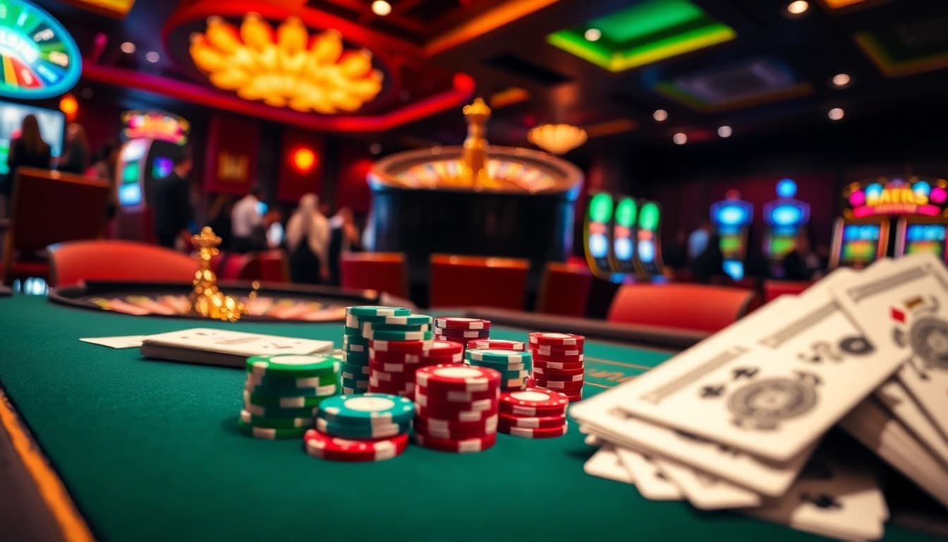 Capturez l'excitation de meilleure casino en ligne avec une scène de poker vibrante et une roue de roulette.