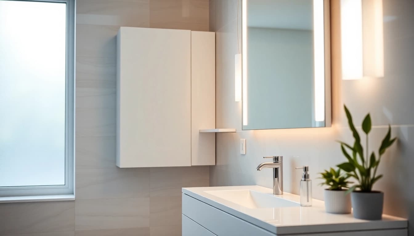 Spiegelschrank mit LED Beleuchtung im modernen Badezimmer mit elegantem Design.