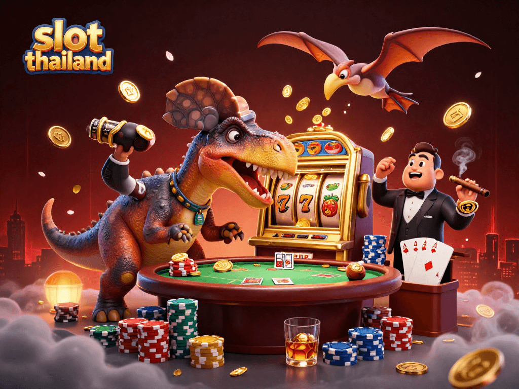Experience the excitement of slot thailand with a dinosaur engaging a slot machine for a jackpot