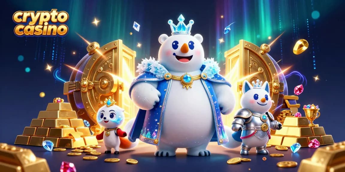 Découvrez une scène dynamique de casino crypto avec un ours polaire royal et un renard dans un univers riche de trésors.