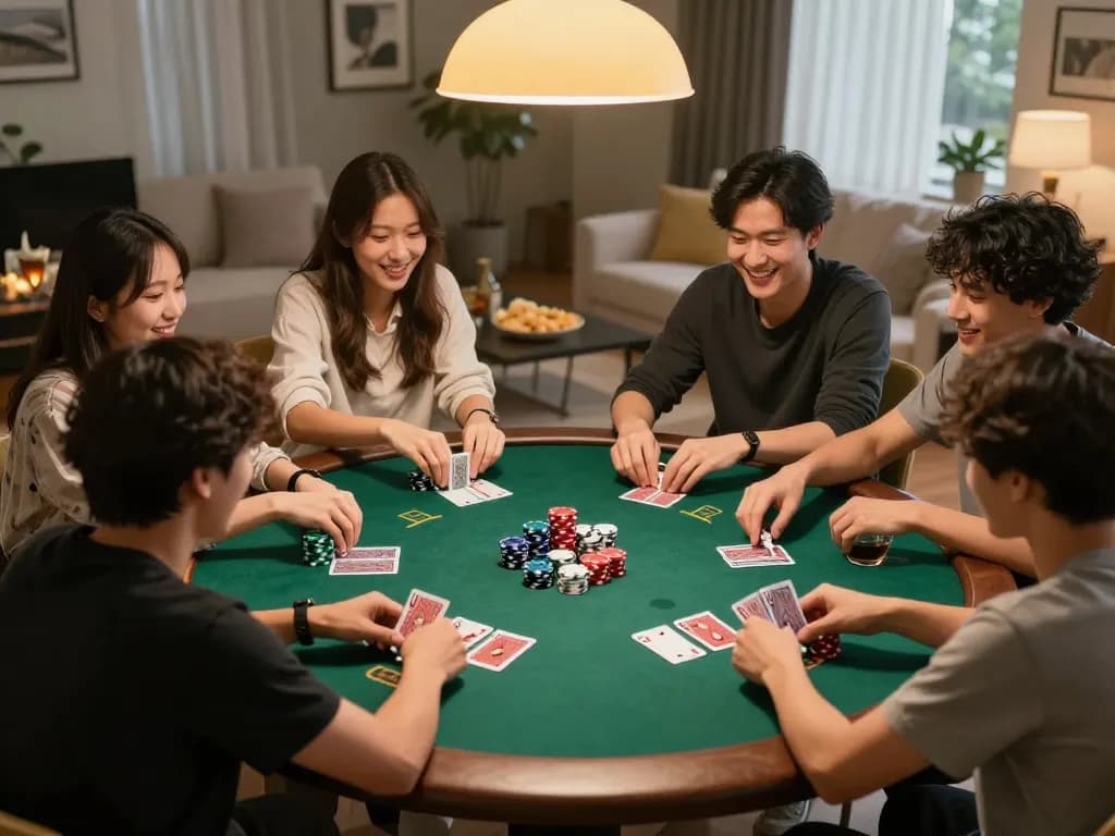 Engaged friends participating in a live cambodia poker game at home, showcasing vibrant chips and warm lighting.