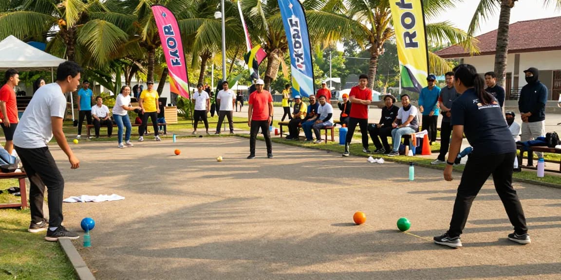 Lapangan petanque FOPI Kota Banjarbaru dengan pemain beraksi dan suasana hangat yang menyenangkan.