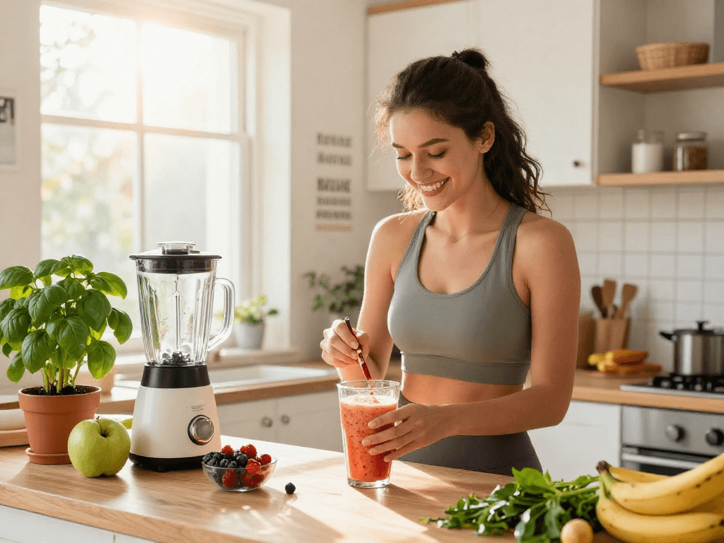 Healthy kitchen scene with a joyful woman preparing a vegan astaxanthin supplement smoothie, surrounded by fresh fruits and greens.