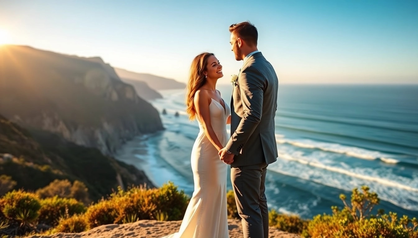 Experience intimate Big Sur wedding photography with a couple surrounded by stunning cliffs and sunset light.