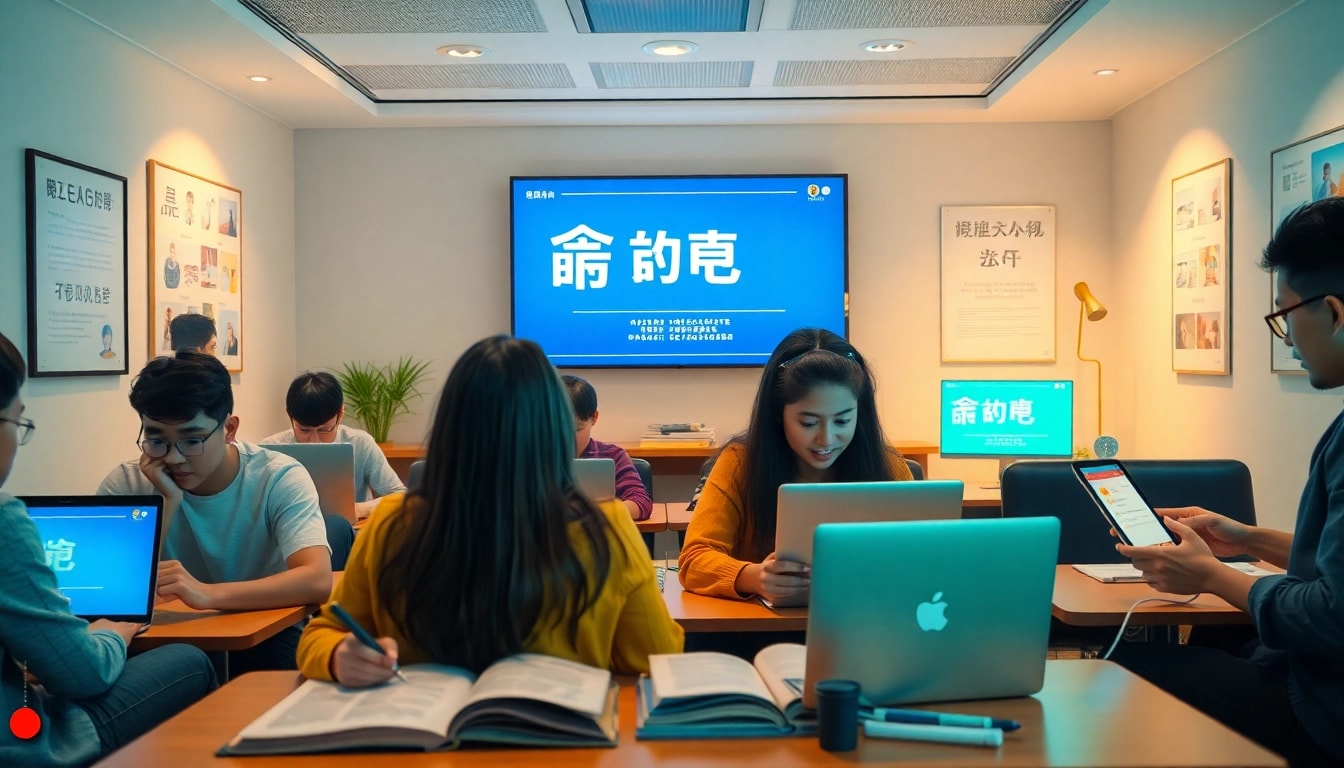 An engaging digital learning scene featuring students using 有道 translation tools in a modern classroom.