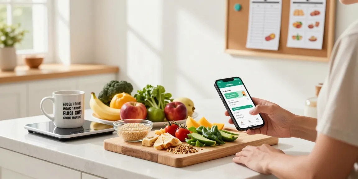 Using the best nutrition app, a user engages with Welling AI food tracker in a bright kitchen while preparing a healthy breakfast.