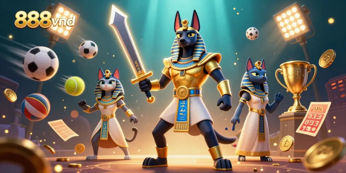 Experience the thrill at 888vnd with Anubis and Bastet in a vibrant casino scene.