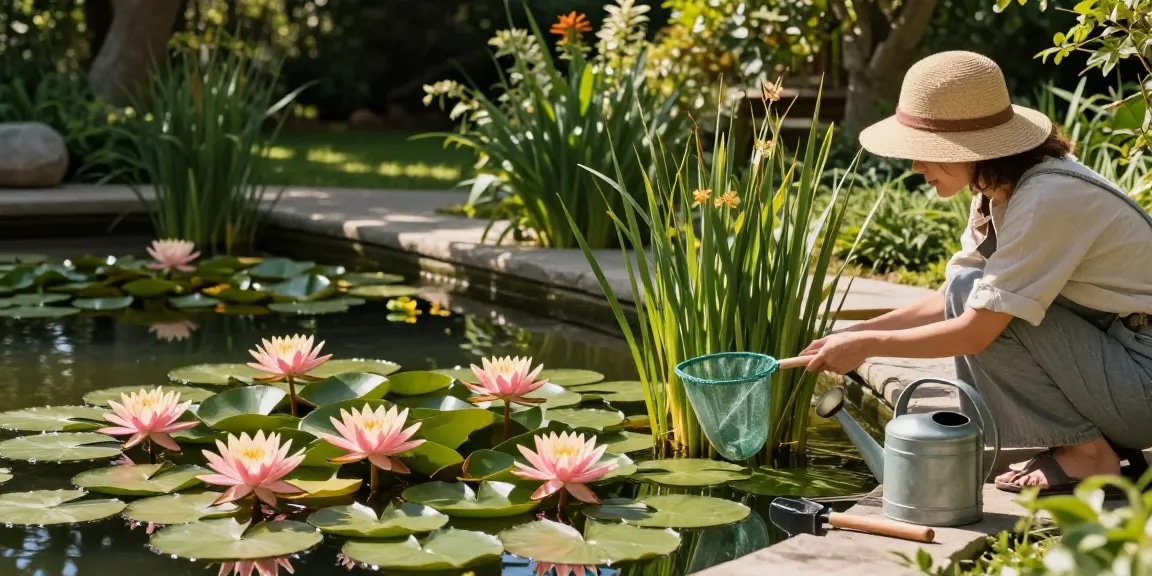 Water Lilies blooming on a serene pond being tended by a gardener.