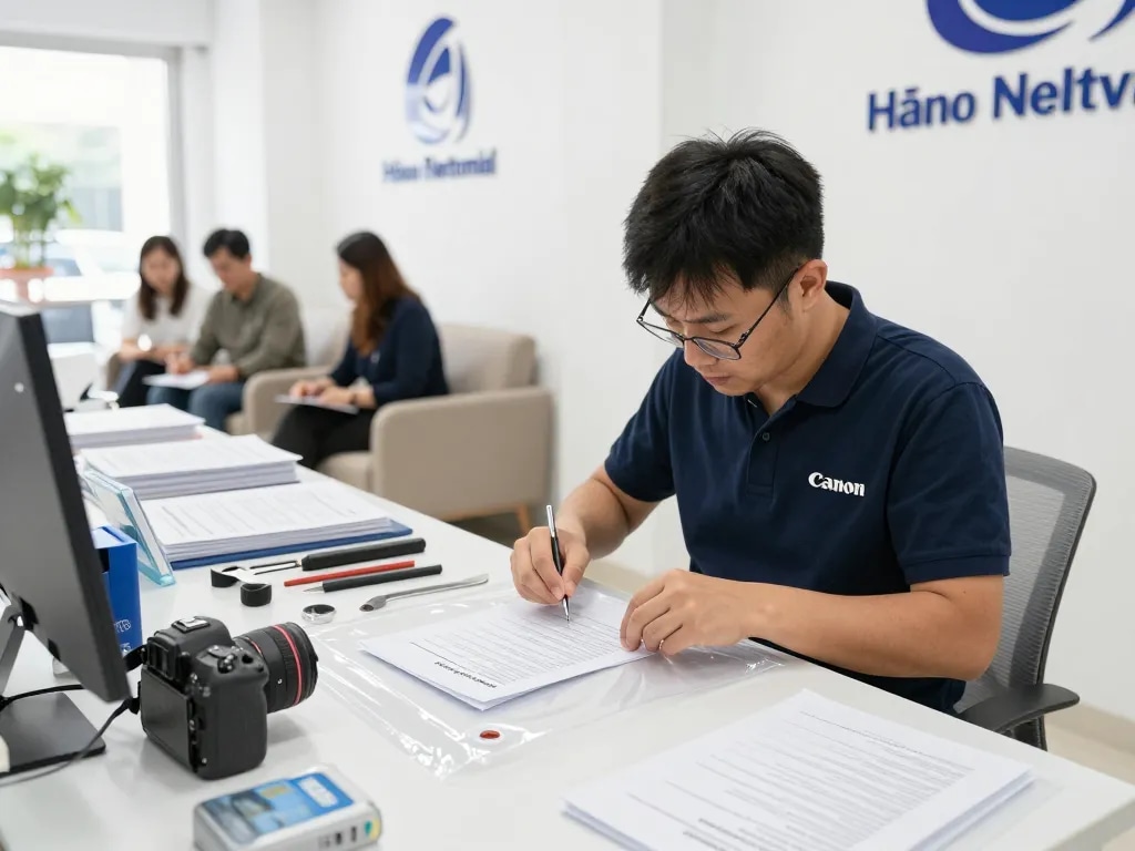 bóc giấy ép uy tín Hà Nội - kỹ thuật viên dịch vụ chuyên nghiệp đang bóc tài liệu quan trọng trong không gian làm việc sáng sủa