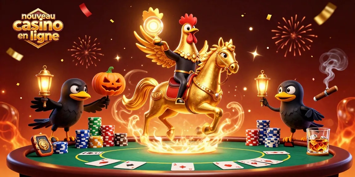 Illustration du nouveau casino en ligne avec un coq doré et des corbeaux, ambiance festive et éléments de poker.