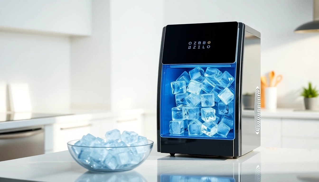 Showcase of a modern ice maker producing clear ice cubes, enhancing the kitchen's style.