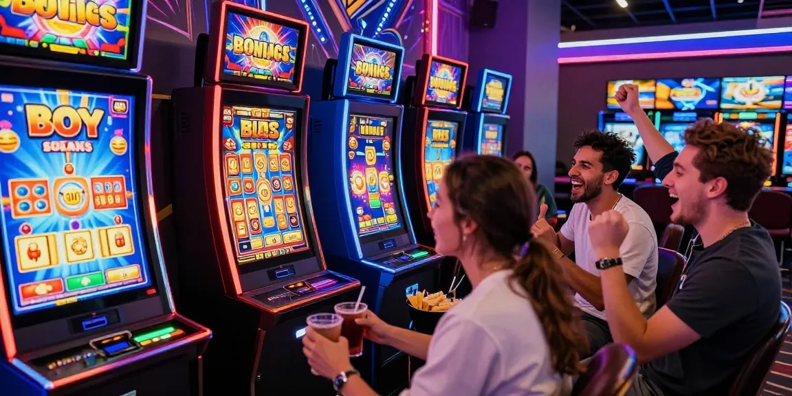 Friends enjoying bonus buy slots UK at an online casino, showcasing excitement in vibrant setting.