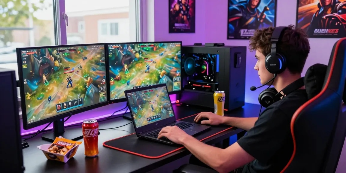 Player focused on rokok88 login on vibrant gaming laptop, boosted by snacks and LED lights