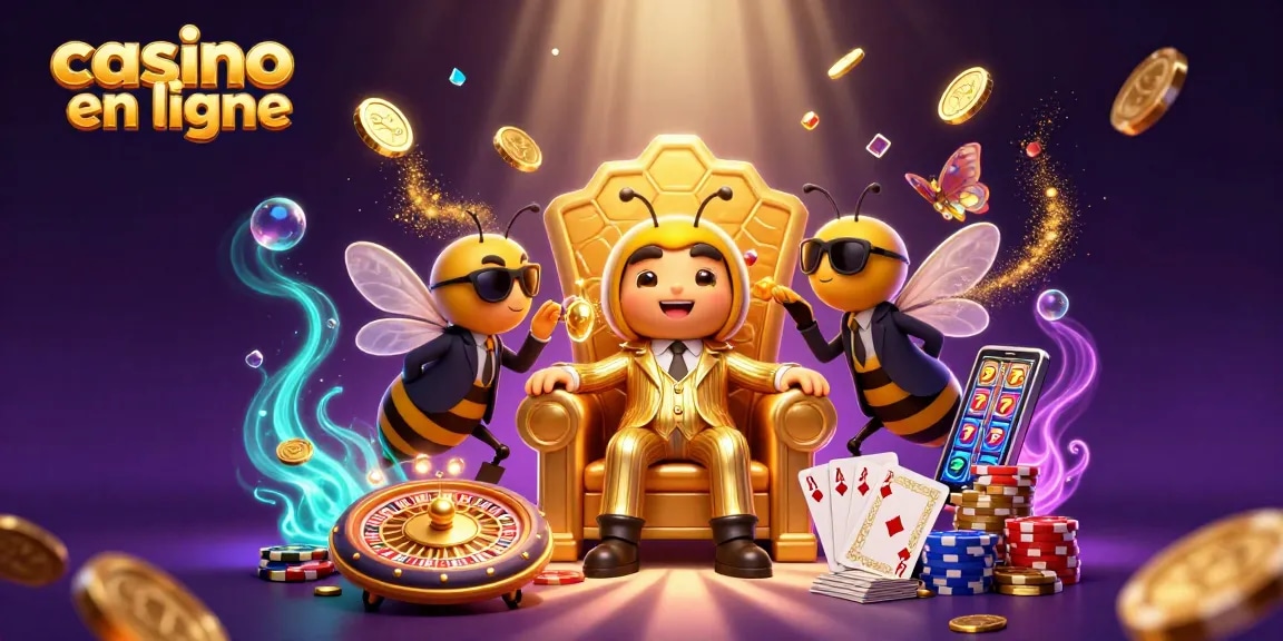 Illustration dynamique avec un chef de la mafia en costume au casino en ligne, entouré de pièces d'or et de jeux