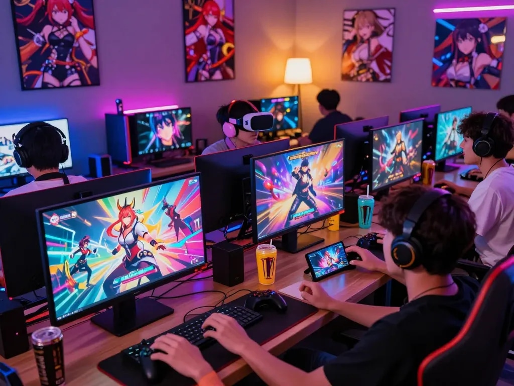 Engaged players enjoying a hentai game in a vibrant gaming lounge with colorful screens and neon lights.