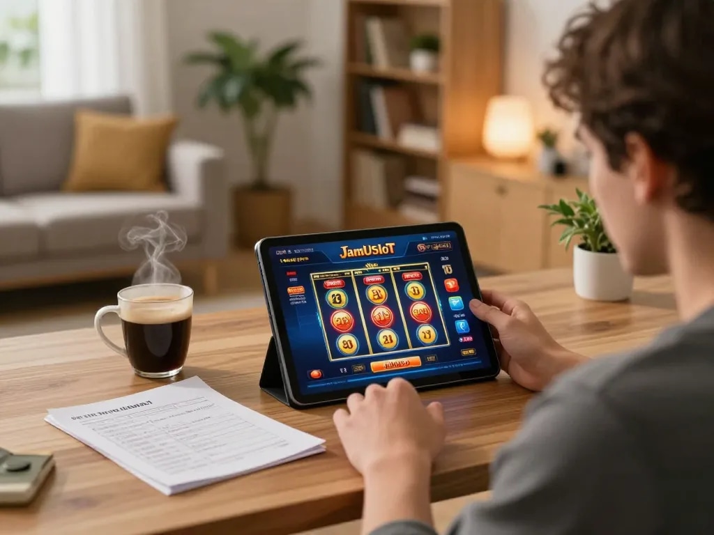 Engaging with situs slot gacor on a tablet at home, showcasing an exciting online gaming experience