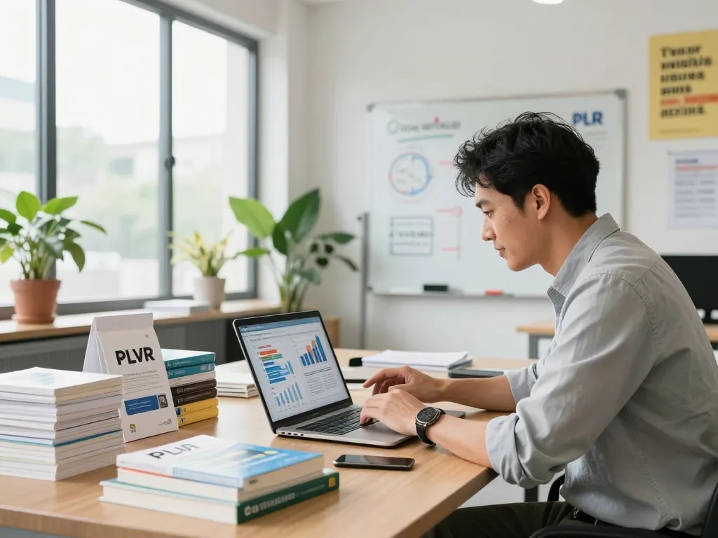 Buy Private Label Rights Products in a modern office with charts and PLR materials.