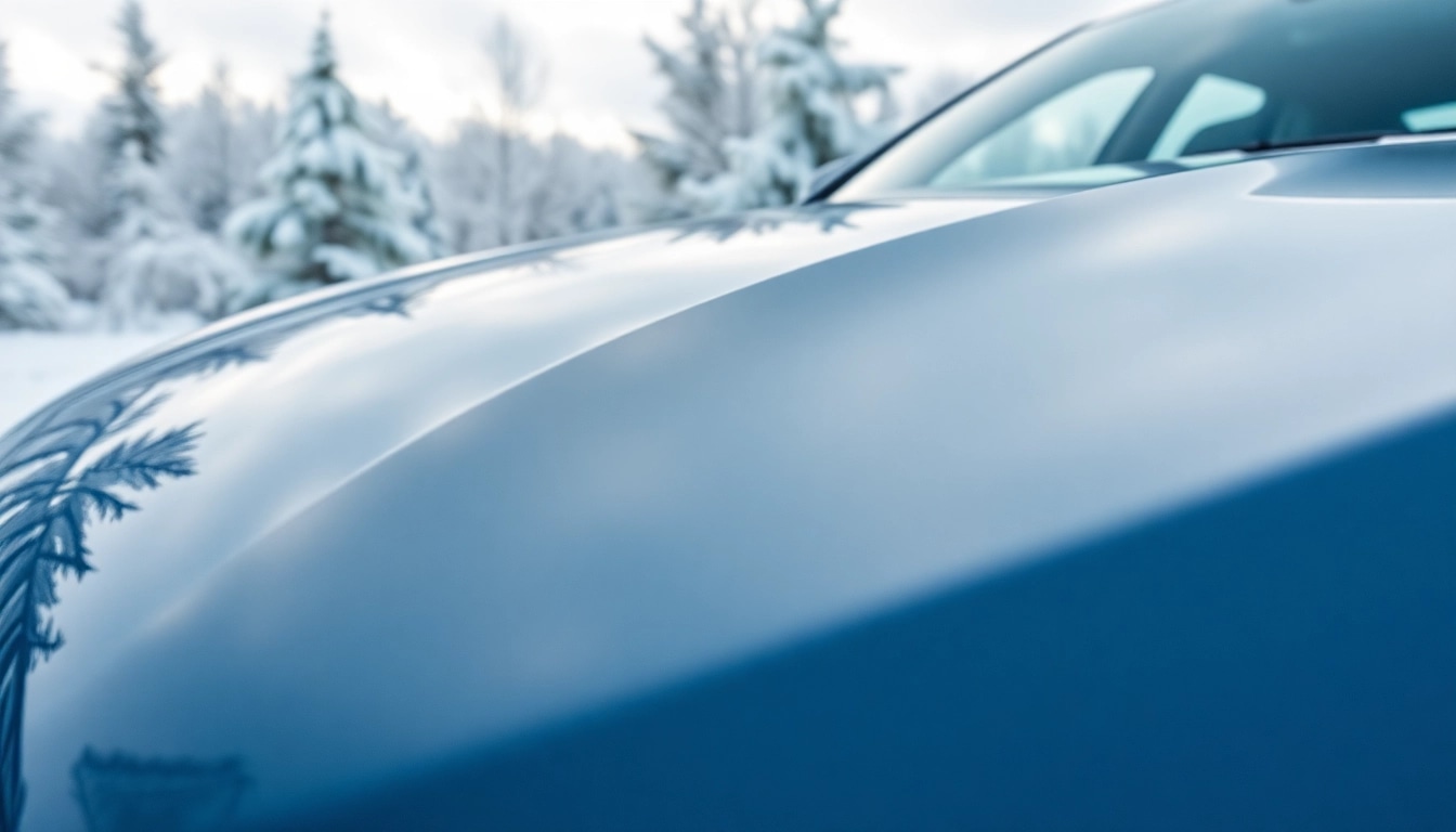 Enhance PPF winter road salt protection by showcasing a shiny vehicle in snowy conditions.