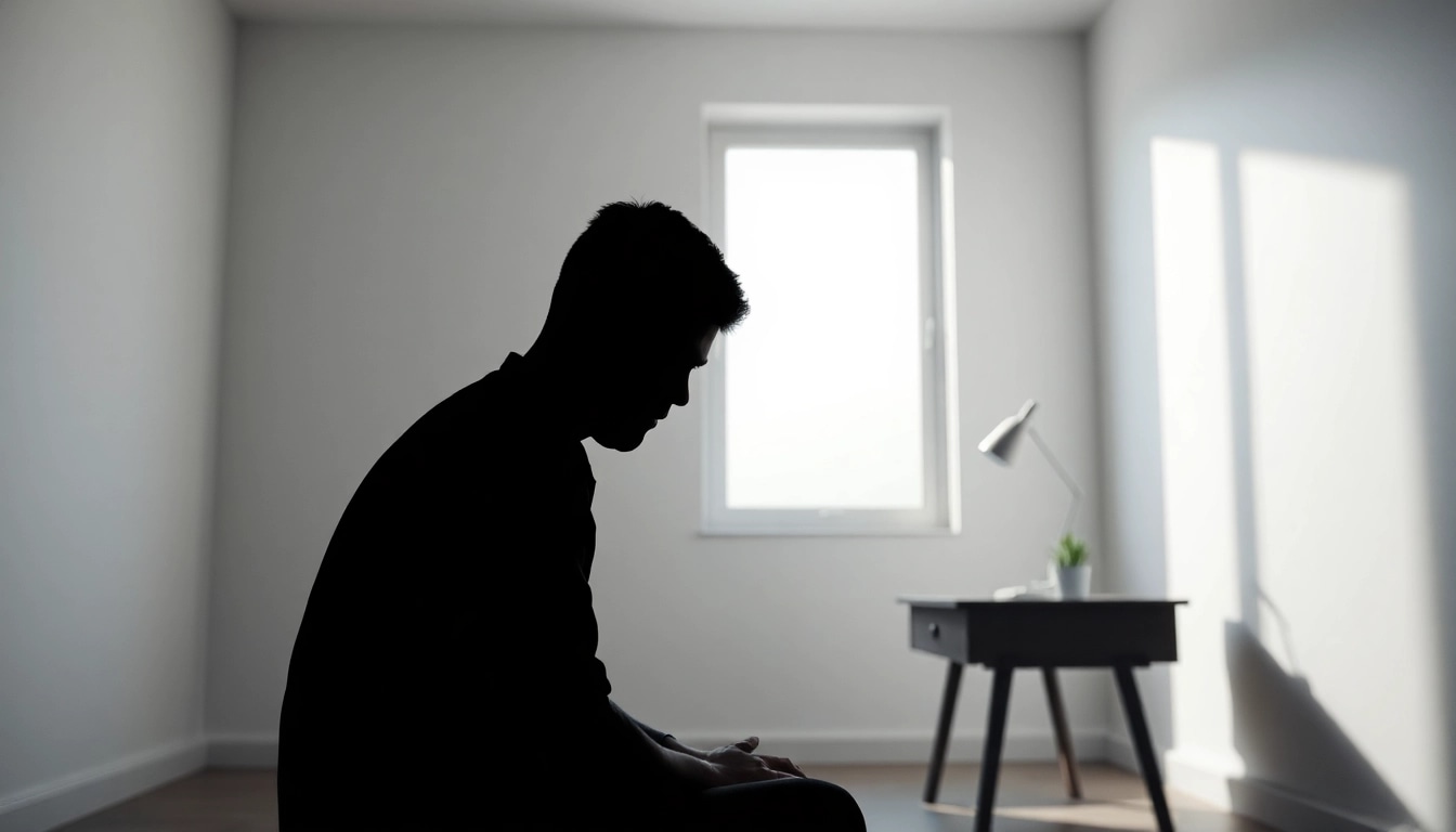 Illustration of depression symptoms portrayed by a silhouette in a tranquil room with soft lighting.