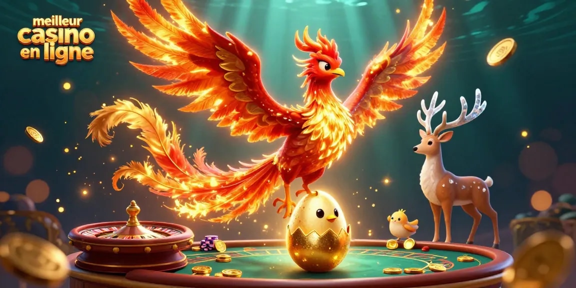 Visualisez le meilleur casino en ligne avec un phénix en feu et des éléments de jeu captivants.