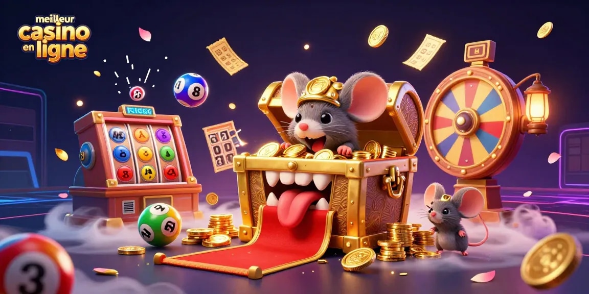 Illustration d'un trésor dans un meilleur casino en ligne, avec des balles de loterie et des billets d'or.