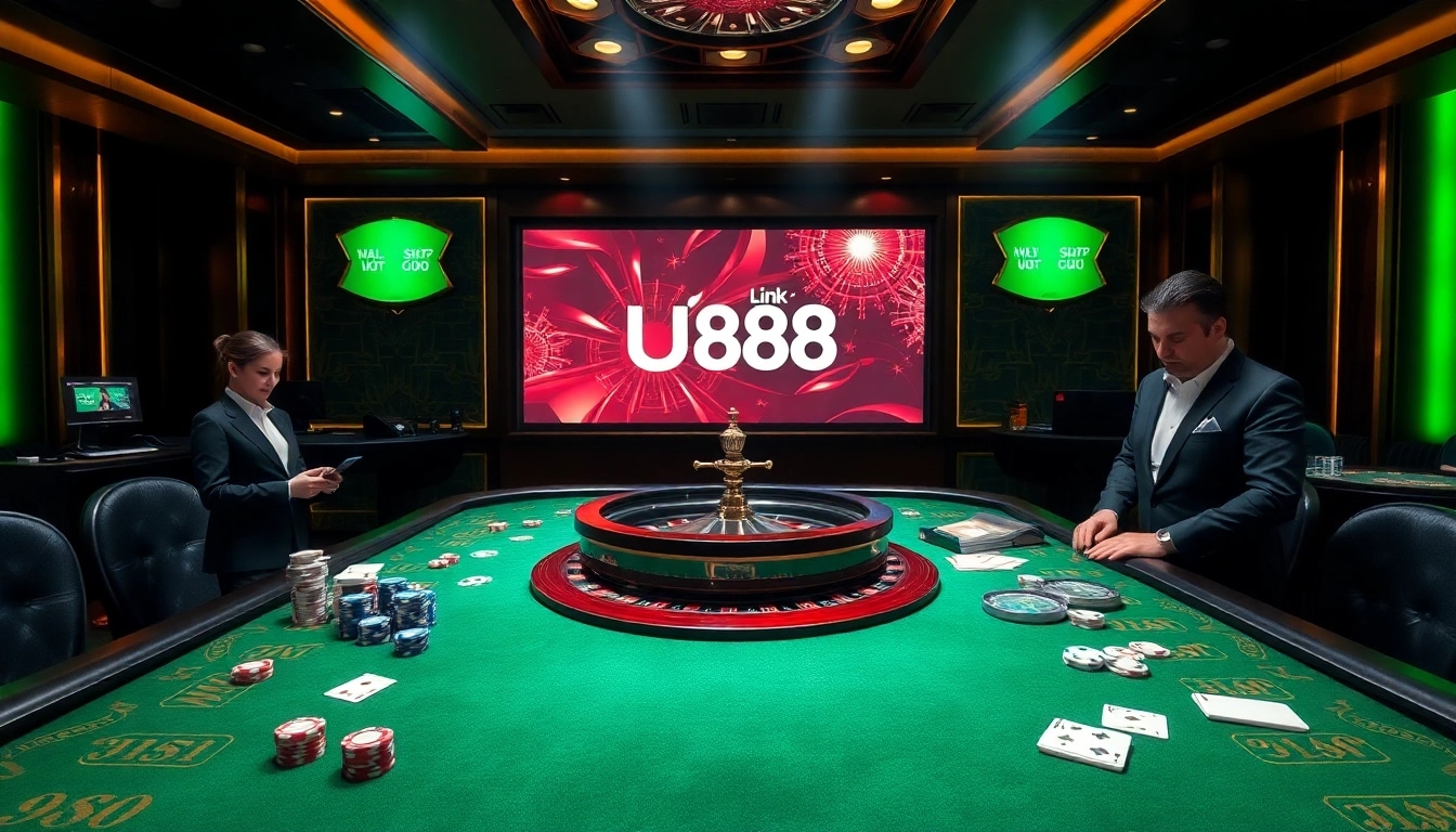 Experience the thrill of winning at Link U888 with vibrant casino visuals featuring poker chips and roulette.