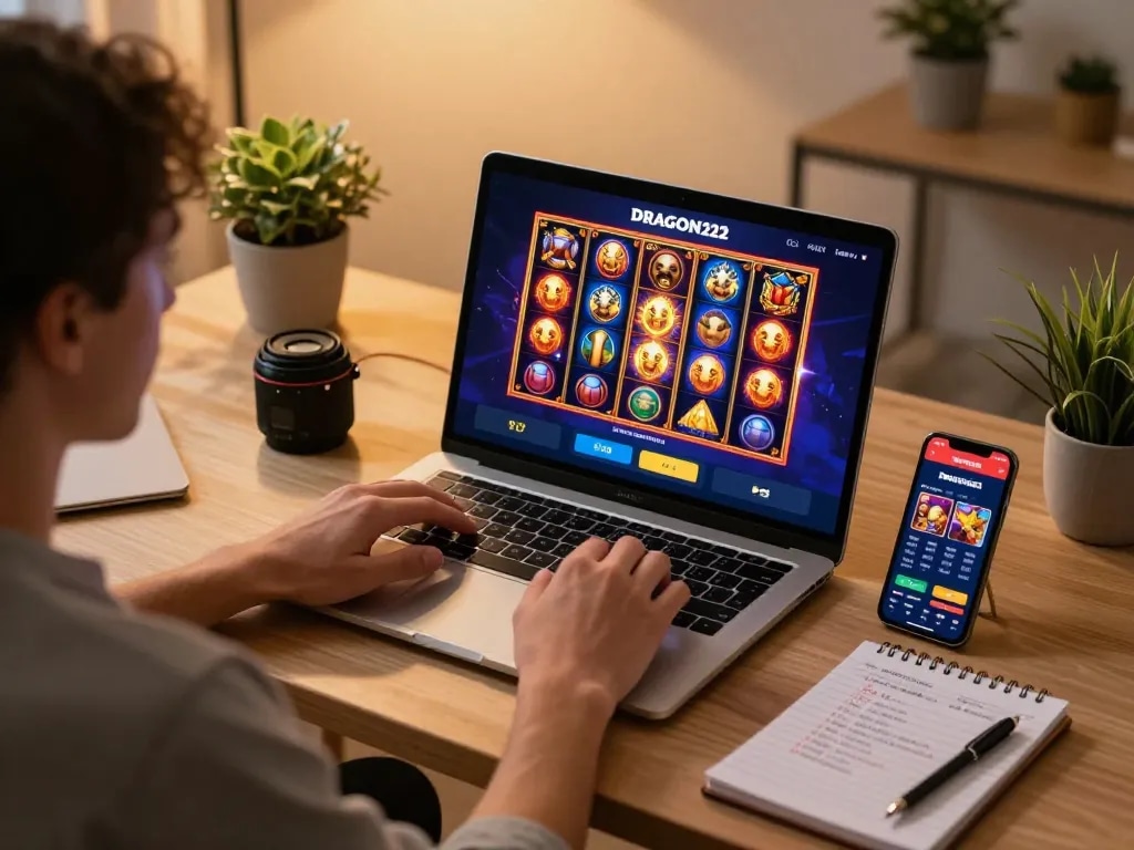 DRAGON222 user winning on a slot game in a stylish home office setting, highlighting online casino excitement.