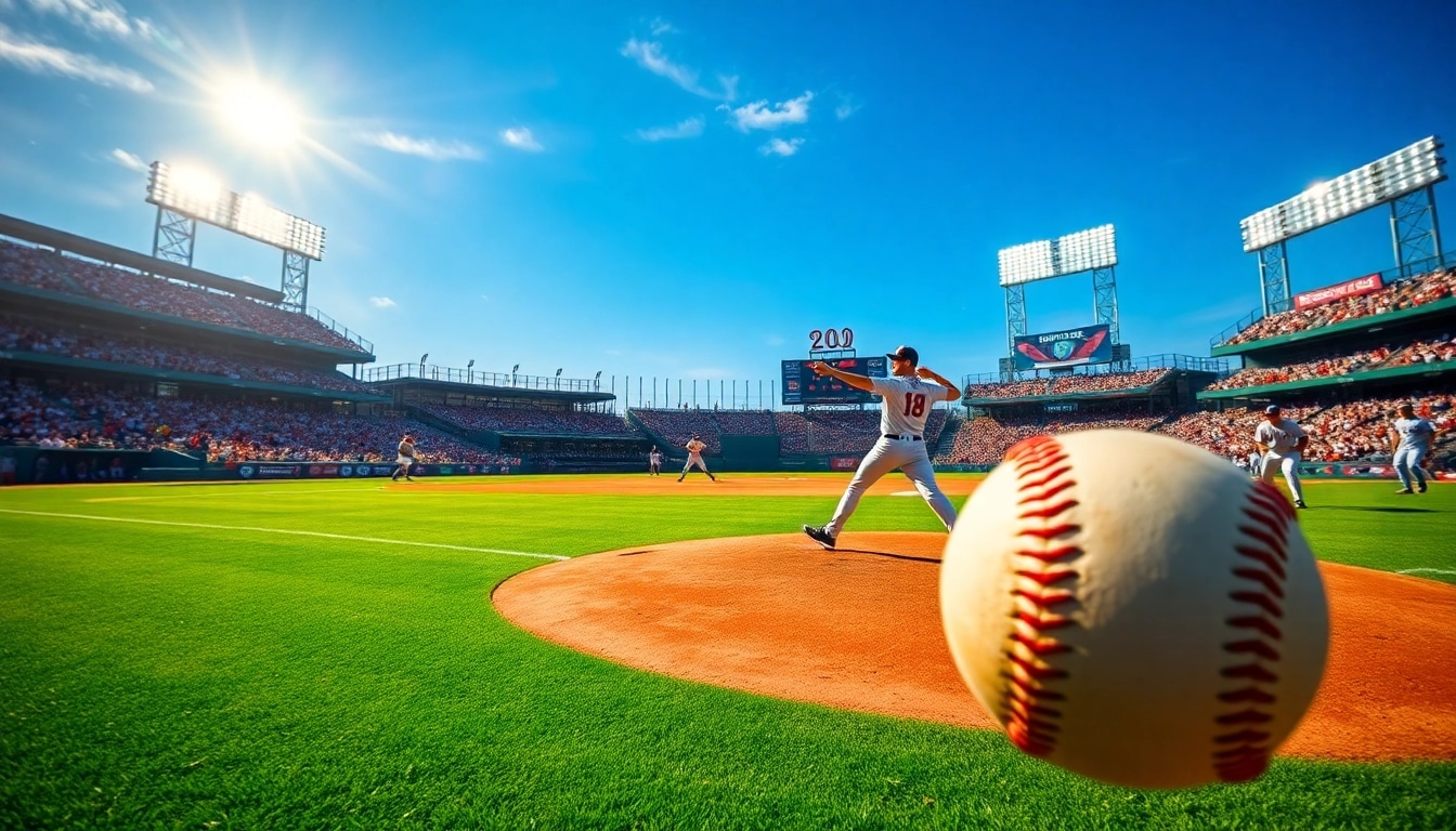 mlb중계 경기에서 투수가 공을 던지기 전 모습, 환호하는 관중과 함께 생동감 넘치는 장면