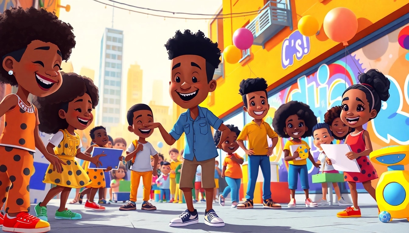 A lively depiction of African American cartoons showcasing joyful characters in an urban setting.