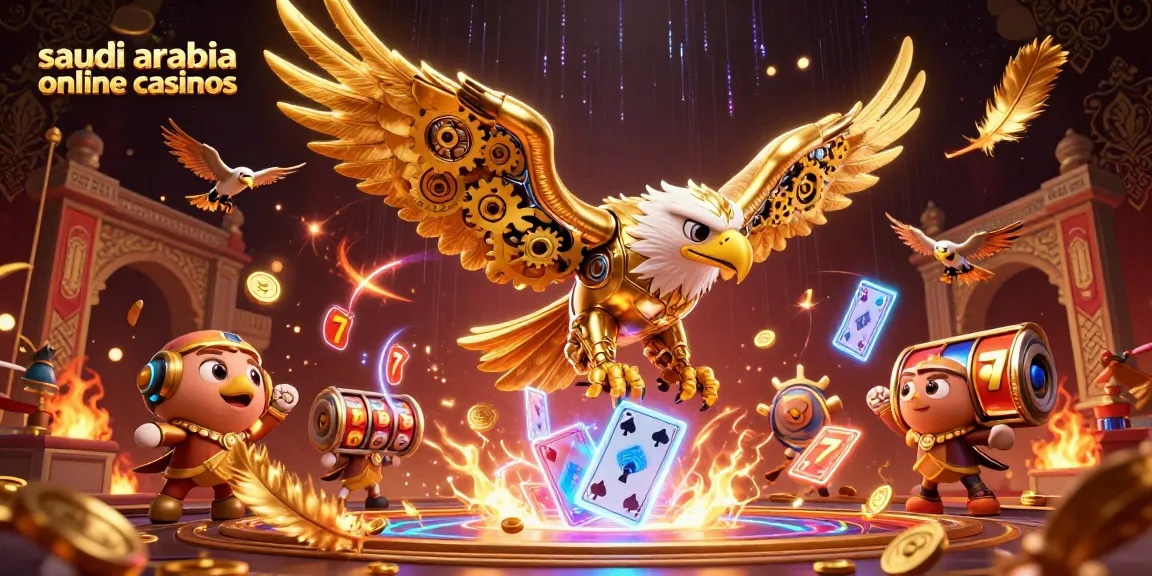 Engage with saudi arabia online casinos as the cybernetic golden eagle dives through vibrant holographic cards.