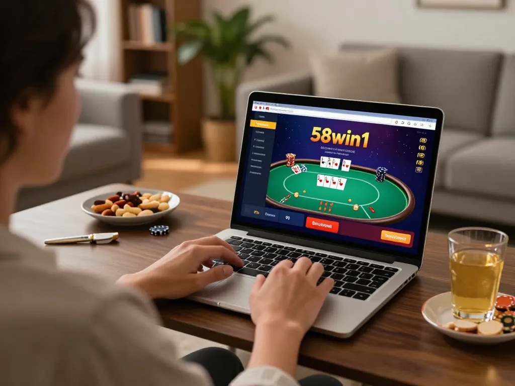 Engaging with 58win1 casino on a laptop in a cozy home environment during gameplay