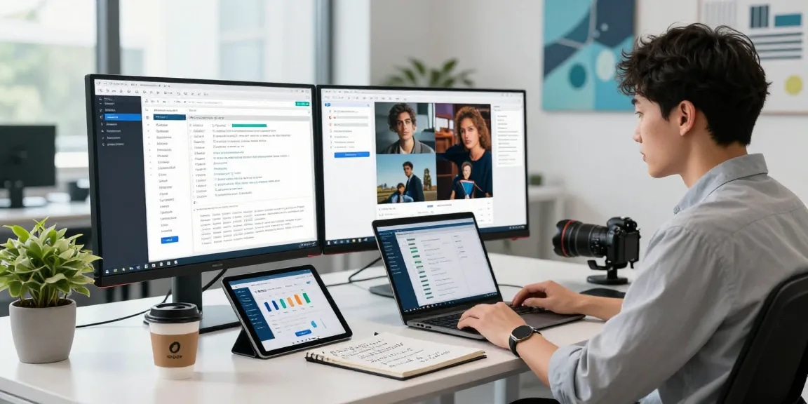 AI image detector in action at a modern workspace with data analysis screens.