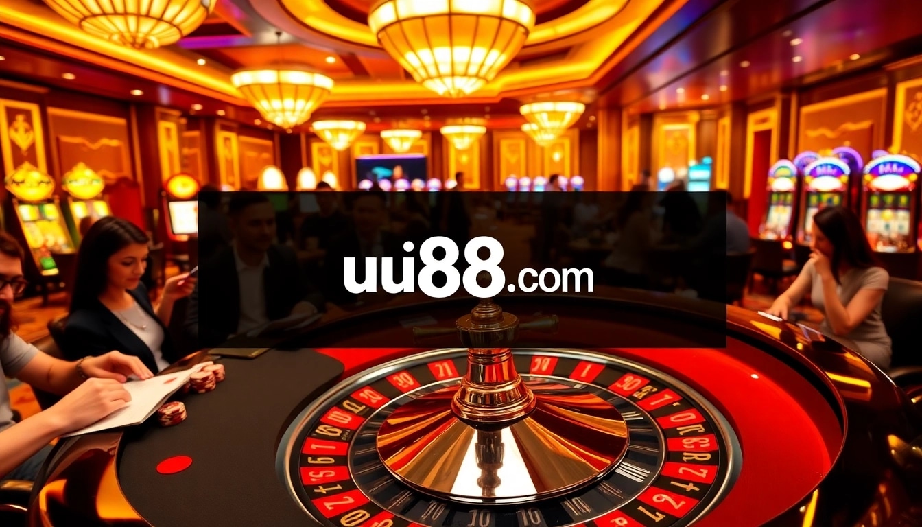 Players enjoying gaming excitement at uu88.com with vibrant casino tables and slot machines.
