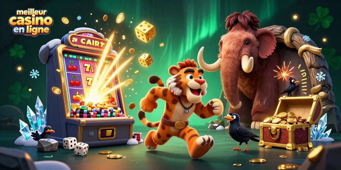 Scène animée d'un meilleur casino en ligne avec un duo préhistorique jouant et un corbeau comptant des gains.