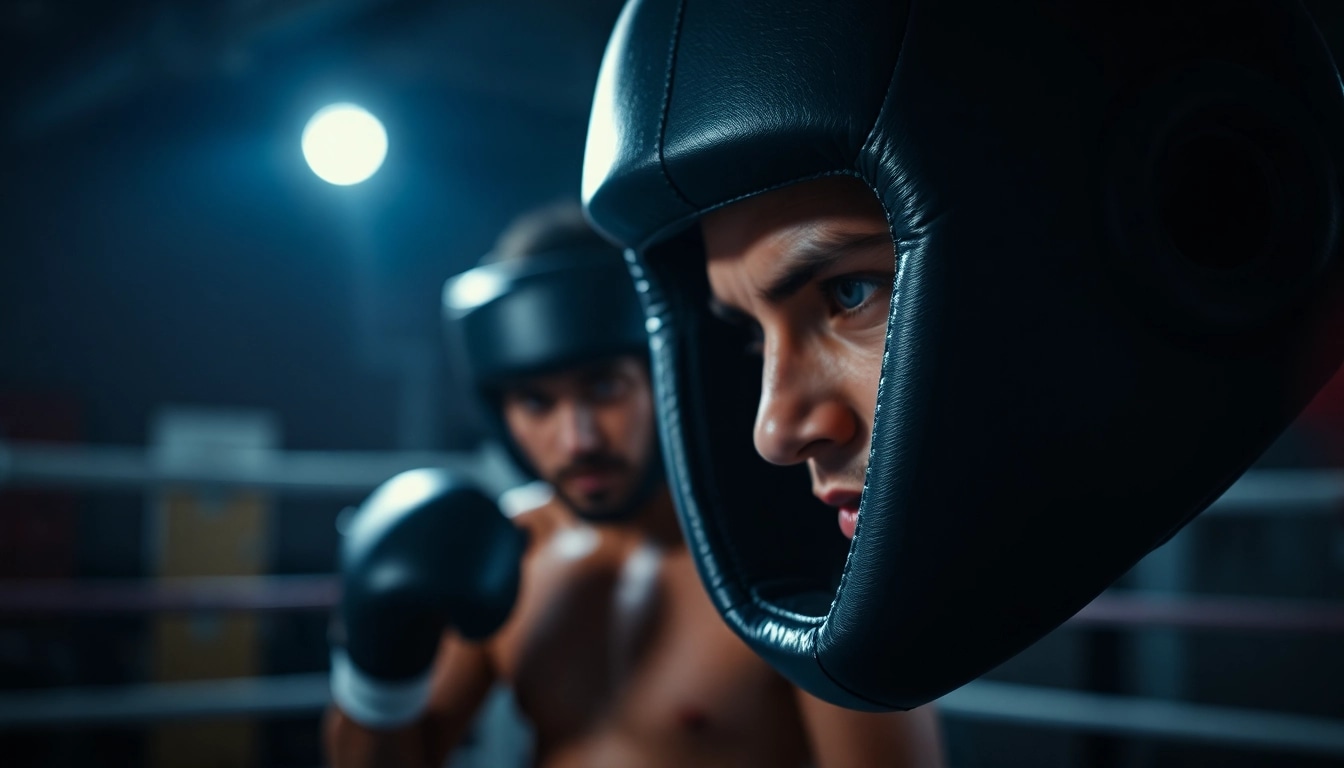 Training with headgear boxing in a professional gym setting showcasing safety and intensity.